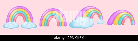 Set aus farbenfrohen 3D-Regenbögen in verschiedenen Positionen. Süßer, heller Regenbogen und flauschige Wolken. Perfekt für Designs für Kinder, Grafiken für soziale Medien und vieles mehr Stock Vektor