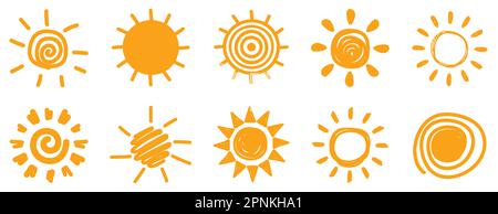 Ein Set von Doodle Sun-Symbolen. Vektordarstellung isoliert auf weißem Hintergrund Stock Vektor