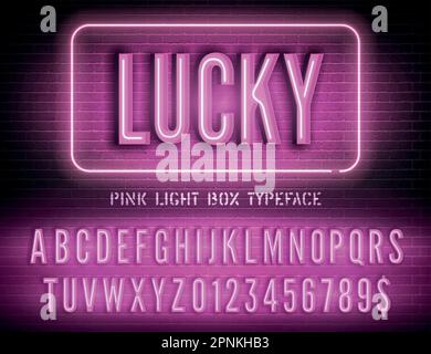 Lucky-Night-Light-Box, besonders leuchtender Effekt, schmale Schrift mit Zahlen auf dunklem Backsteinhintergrund. Vektorrosa Neonkastenalphabet Stock Vektor