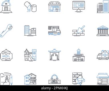Sammlung von Symbolen für die Gebäudeautomatisierungstechnologie. Automatisierung, Gebäude, Steuerung, Effizienz, Innovation, Komfort, intelligenter Vektor und linear Stock Vektor