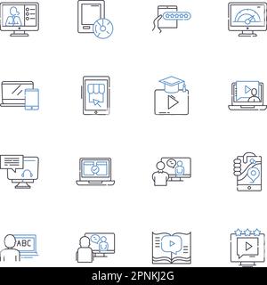 Sammlung der Filmografie-Liniensymbole. Kinematographie, Scriptwriting, Regie, Bearbeitung, Drehbuch, Guss, Produktionsvektor und lineare Darstellung Stock Vektor