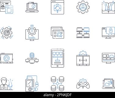 Sammlung der Liniensymbole der Informationssysteme. Datenbank, Nerking, Speicher, Analysen, Sicherheit, Automatisierung, Integrationsvektor und lineare Darstellung Stock Vektor
