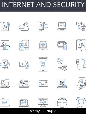 Symbolsammlung für Internet- und Sicherheitszeilen. Cybersicherheit, Online-Schutz, Web-Sicherheit, digitale Sicherheit, Firewall, Datenverschlüsselung, Malware Stock Vektor