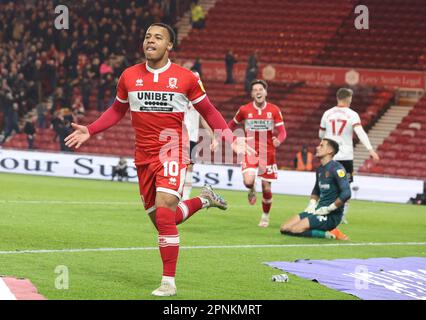 Middlesbrough, Großbritannien. 19. April 2023. Cameron Archer of Middlesbrough feiert das Tor beim Sky Bet Championship-Spiel Middlesbrough vs Hull City im Riverside Stadium, Middlesbrough, Großbritannien, 19. April 2023 (Foto von Nigel Roddis/News Images) in Middlesbrough, Großbritannien, am 4./19. April 2023. (Foto: Nigel Roddis/News Images/Sipa USA) Guthaben: SIPA USA/Alamy Live News Stockfoto