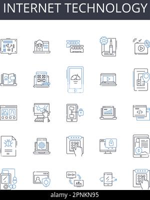 Symbolsammlung für Internettechnologie. Computerhardware, soziale Medien, digitale Kommunikation, Mobilgeräte, Informationstechnologie, Kabellos Stock Vektor