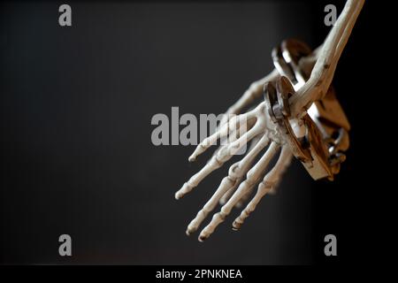 Hände eines Skeletts in Handschellen auf schwarzem Hintergrund Stockfoto