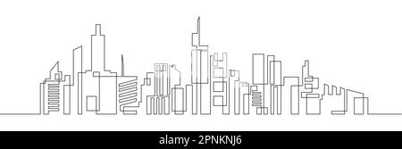 Durchgehende Linienzeichnung von Haus, Wohnbaukonzept. Panorama-Landschaft mit Metropolis-Architektur, Wolkenkratzern. Stock Vektor