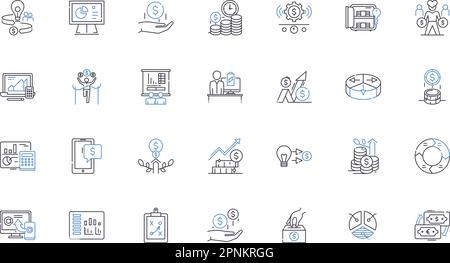 Symbolsammlung für Geschäftsbereiche der Kapitalanlage. Investitionen, Finanzierung, Wachstum, Vermögen, Eigenkapital, Asset, Erfolgsvektor und lineare Darstellung. Expansion Stock Vektor