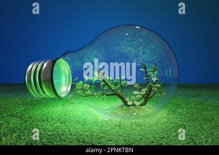 Glühbirne mit Baum innen. Umweltfreundliches Konzept für umweltfreundliche alternative Energien. 3D-Darstellung rendern Stockfoto