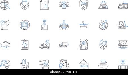 Sammlung mit Positionssymbolen für Paketkuriere. Lieferung, Versand, Transport, Logistik, Vertrieb, Fracht, Expressvektor und lineare Darstellung Stock Vektor