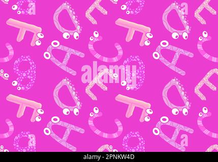 Zeichentrickfilm englische Buchstaben nahtloses Monster mit Augenmuster für Kinderbekleidung, Accessoires und Bettwäsche Stockfoto