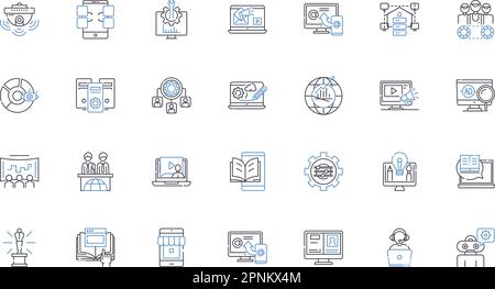 Sammlung der Zeilensymbole des Content Providers. Artikel, Blogs, Videos, Infografiken, Bildmaterial, Podcasts, E-Books-Vektor und lineare Illustration. Webinare Stock Vektor