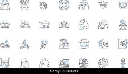 Symbolsammlung für Fertigungslinien. Förderer, Produktion, Effizienz, Automatisierung, Stimulation, Stapelverarbeitung, Prüfvektor und lineare Darstellung Stock Vektor