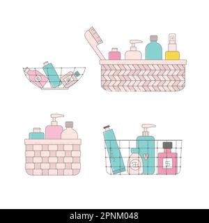 Farb-Cartoon-Kosmetikflaschen in Körben. Abbildungen von strahlenden Körpercreme, Reinigungsmittel, Öl, Lotion, Bürstenvektoren. Stock Vektor