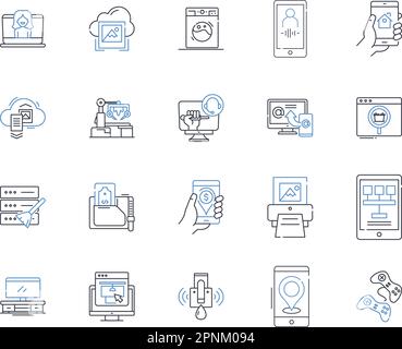 Symbolsammlung mit Werkzeugen und Utensilien. Hammer, Zange, Schraubenschlüssel, Schraubendreher, Meißel, Säge, Bohrvektor und lineare Darstellung. Hammer, Klemme, Klebeband Stock Vektor