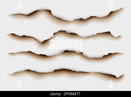 Verbrannte Papierkanten, verbranntes Pergament, realistisch abgerissene Kante mit Ascheeffekt Stock Vektor