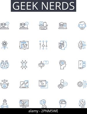 „Geek Nerds Line Icons“-Kollektion. Brainiacs, Savants, Technophile, Intellektuelle, Cognoscenti, Schlaue Bande, allwissende Vektoren und lineare Illustration Stock Vektor