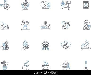 Symbolsammlung Agriscience Line. Landwirtschaft, Gartenbau, Entomologie, Pflanzenzucht, Bodenwissenschaft, Erntegutmanagement, Viehvektor und linear Stock Vektor