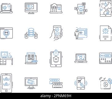 Symbolsammlung für elektronische Geräte. Smartph, Tablet, Notebook, Desktop, Smartwatch, Router, Phantomvektor und lineare Darstellung. Ohrstöpsel Stock Vektor