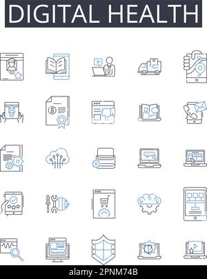 Sammlung von Symbolen für digitale Gesundheitsleitungen. E-Commerce, soziale Medien, mobiles Banking, Finanztechnologie, künstliche Intelligenz, Online-Schulung, Cloud Stock Vektor