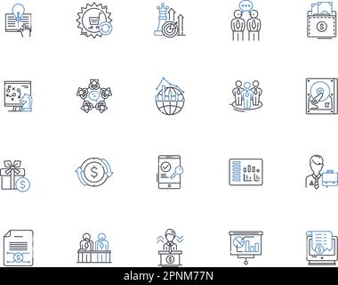 Symbolsammlung für Bankverbindungen des Händlers. Investitionen, Kapital, Finanzen, Beratung, Vermögen, Kredit, Wertpapiervektor und lineare Darstellung. Akquisitionen Stock Vektor