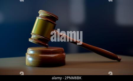 Nahaufnahme des Hintergrunds eines Hammers in einem Gerichtssaal, 3D-Rendering Stockfoto