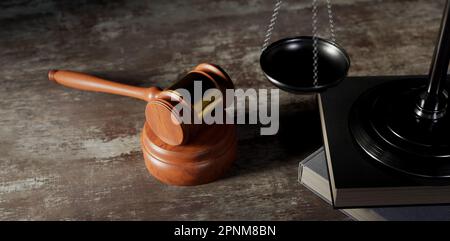 Nahaufnahme des Hintergrunds des Gerichtssaals und der Waagen der Justiz auf dem Schreibtisch, 3D-Rendering Stockfoto