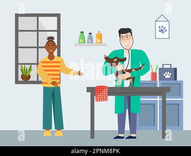 Das Mädchen an der Rezeption in der Tierklinik. Der Arzt untersucht den Welpen. Vektordarstellung. Stock Vektor