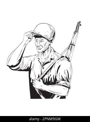 Comics-Zeichnung oder Illustration eines amerikanischen GI-Soldaten aus dem 2. Weltkrieg, der seinen Helm hochhebt, von der Seite aus gesehen, auf einem isolierten Hintergrund, der in gemacht wurde Stockfoto