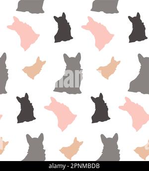 Corgi-Hund nahtloses Vektormuster. Pink, Gelb, Grau und dunkle Hundesilhouetten. Für Tapeten, Geschenkpapier, Textilien. Hintergrund im skandinavischen Stil Stock Vektor