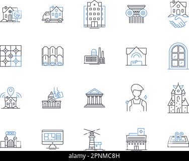 Symbolsammlung für Einheitenlinien. Apartment, Wohnung, Haus, Stadthaus, Villa, Studio, Ausformungsvektor und lineare Darstellung. Duplex-, Triplex-, flache Umrisszeichen Stock Vektor