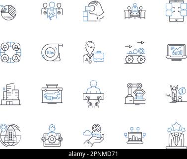 Symbolsammlung für Fertigungslinien am Fließband. Automatisierung, Effizienz, Massenproduktion, Spezialisierung, Austauschbarkeit, Arbeitsteilung Stock Vektor