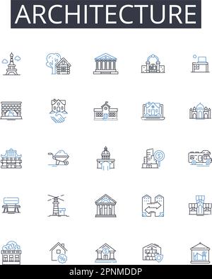 Sammlung der Liniensymbole der Architektur. Engineering, Gebäude, Entwurf, Planung, Konstruktion, Layout, Strukturvektor und lineare Darstellung Stock Vektor