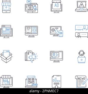 Sammlung der Zeilensymbole für Videoinhalte. Vlogs, Trailer, Interviews, Animationen, Werbung, Lehrbücher, Prüfungen Vektor und lineare Darstellung. Skizzen Stock Vektor