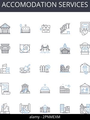 Unterbringungsservice, Reihe Icons Collection. Beherbergungseinrichtungen, Wohnungsoptionen, Zimmervermietungen, Shelter Services, Pensionshäuser, Hospitality-Services Stock Vektor