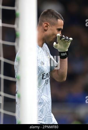 Mailand, Italien. 19. April 2023. Odysseas Vlachodimos von SL Benfica reagiert während des UEFA Champions League-Spiels in Giuseppe Meazza, Mailand. Der Bildausdruck sollte lauten: Jonathan Moscrop/Sportimage Credit: Sportimage/Alamy Live News Stockfoto