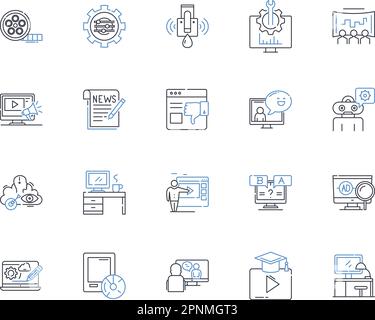 Symbolsammlung für Multimedia Enterprise. Kreativ, Interaktiv, Innovativ, Digital, Dynamisch, Ansprechender, effizienter Vektor und lineare Darstellung Stock Vektor