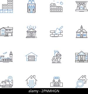 Symbolsammlung für den Gehäusemarkt. Immobilien, Hypotheken, Eigenheimbesitz, Bestand, Angebote, Eigenkapital, Refinanzierungsvektor und lineare Darstellung Stock Vektor