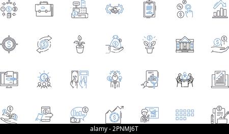 Symbolsammlung für Economics-Linien. Inflation, Deflation, Zinsen, Märkte, Waren, Dienstleistungen, Arbeitsvektor und lineare Darstellung. Kapital Stock Vektor