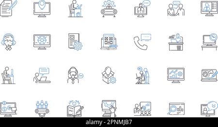 Funktionsfähige Sammlung von Liniensymbolen. Operation, Leistung, Ausführung, Mechanismus, Aktivität, Workflow, Flussvektor und lineare Darstellung. Verhalten Stock Vektor