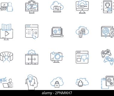 Symbolsammlung für digitale Medien. Social, Streaming, Multimedia, Interaktiv, Virtuell, Animation, Podcast-Vektor und lineare Darstellung Stock Vektor