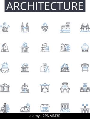 Sammlung der Liniensymbole der Architektur. Engineering, Gebäude, Entwurf, Planung, Konstruktion, Layout, Strukturvektor und lineare Darstellung Stock Vektor