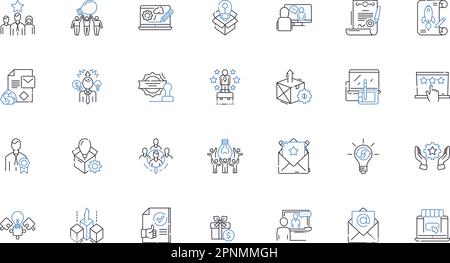 Symbolsammlung für Outreach Concept Line. Verbindung, Nerk, Gemeinschaft, Beteiligung, Öffentlichkeitsarbeit, Partnerschaft, Vektor der Zusammenarbeit und lineare Darstellung Stock Vektor