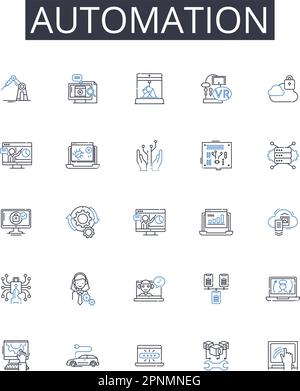 Symbolsammlung für Automatisierungslinien. Mechanisierung, Innovation, Modernisierung, Digitalisierung, Computerisierung, Optimierung, Rationalisierung von Vektoren und Stock Vektor