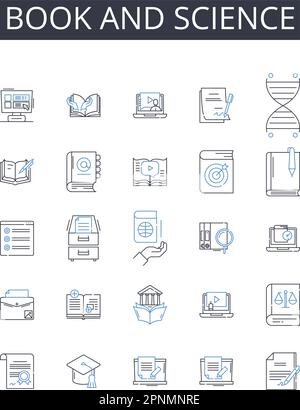 Buch- und Science-Line-Icons-Kollektion. Band und Forschung, Manuskript und Wissen, Tomé und Physik, Publikation und Biologie, Codex und Chemie Stock Vektor