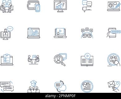 Symbolsammlung für Online-Lerninhalte. E-Learning, virtuell, Bildung, Skype, Zoom, Distanz, Internetvektor und lineare Darstellung. Wissen Stock Vektor