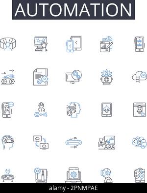 Symbolsammlung für Automatisierungslinien. Mechanisierung, Innovation, Modernisierung, Digitalisierung, Computerisierung, Optimierung, Rationalisierung von Vektoren und Stock Vektor