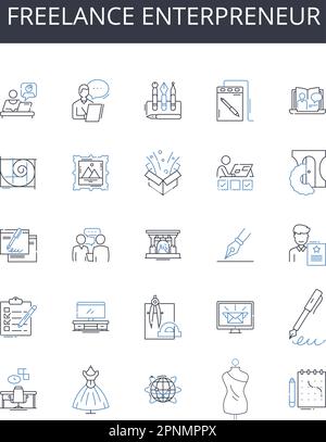 Freelance Enterpreneur Line Icons Kollektion. Einzelunternehmer, unabhängiger Auftragnehmer, Selbstständiger, Freiberufler, Nebenabnehmer, Digitale Nomade Stock Vektor