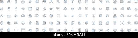 Symbolsammlung für Online-Zeilen. Digital, Virtuell, Elektronisch, Internet, Cyber, Webbasierte, abgesetzte Vektoren und lineare Darstellung. Cloud-basiert, Online, E Stock Vektor