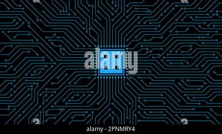 Leiterplatte mit blauer Linie und Chipprozessor in der Mitte Stockfoto